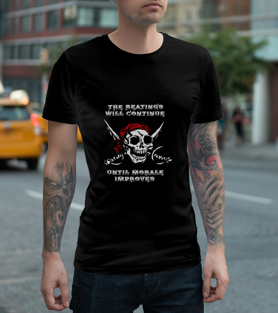 The Beatings Will Continue Until Morale Improves Pirate Skull with Red Bandana and Swords T-Shirt