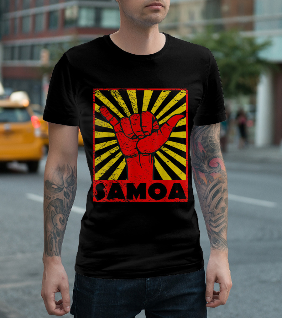 Samoa Shaka Hand Gesture With Vintage Sunburst Background T-Shirt