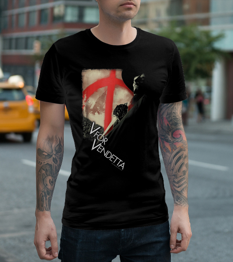 V for Vendetta Anarchist Mask Revolution with Red Symbol and Shadowy Figure T-Shirt