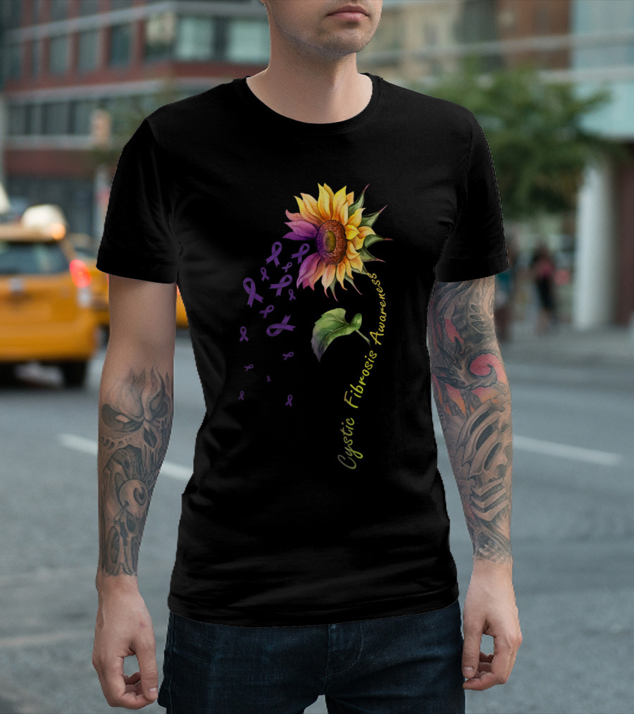Cystic Fibrosis Awareness Sunflower with Purple Ribbons T-Shirt
