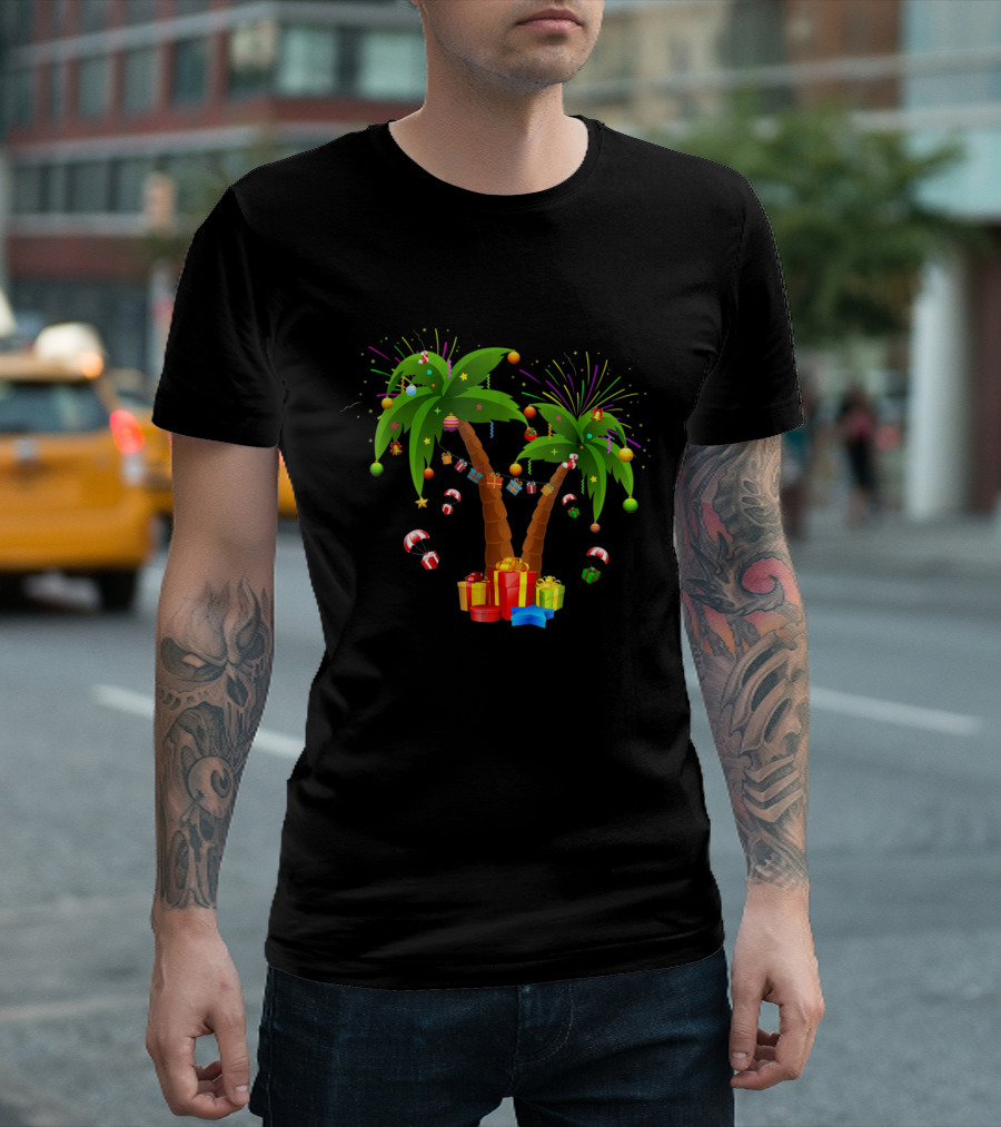 Decorated Christmas Palm Tree Tropical Xmas Coconut Gifts and Ornaments with Fireworks T-Shirt
