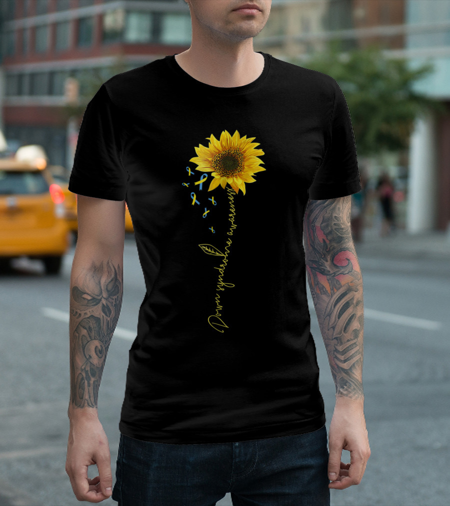 Down Syndrome Awareness Sunflower Yellow Blue Ribbons T-Shirt