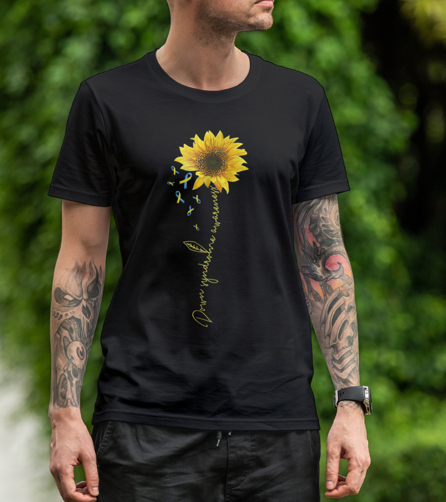 Down Syndrome Awareness Sunflower Yellow Blue Ribbons T-Shirt