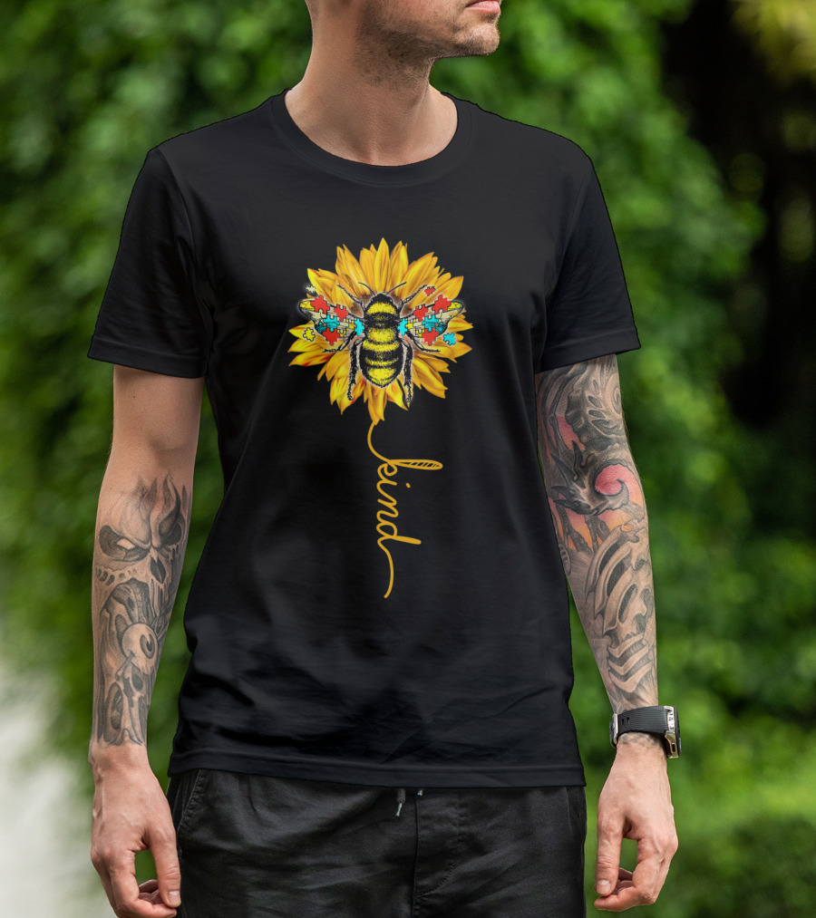 Autism Awareness Bee Kind Sunflower With Puzzle Pieces T-Shirt