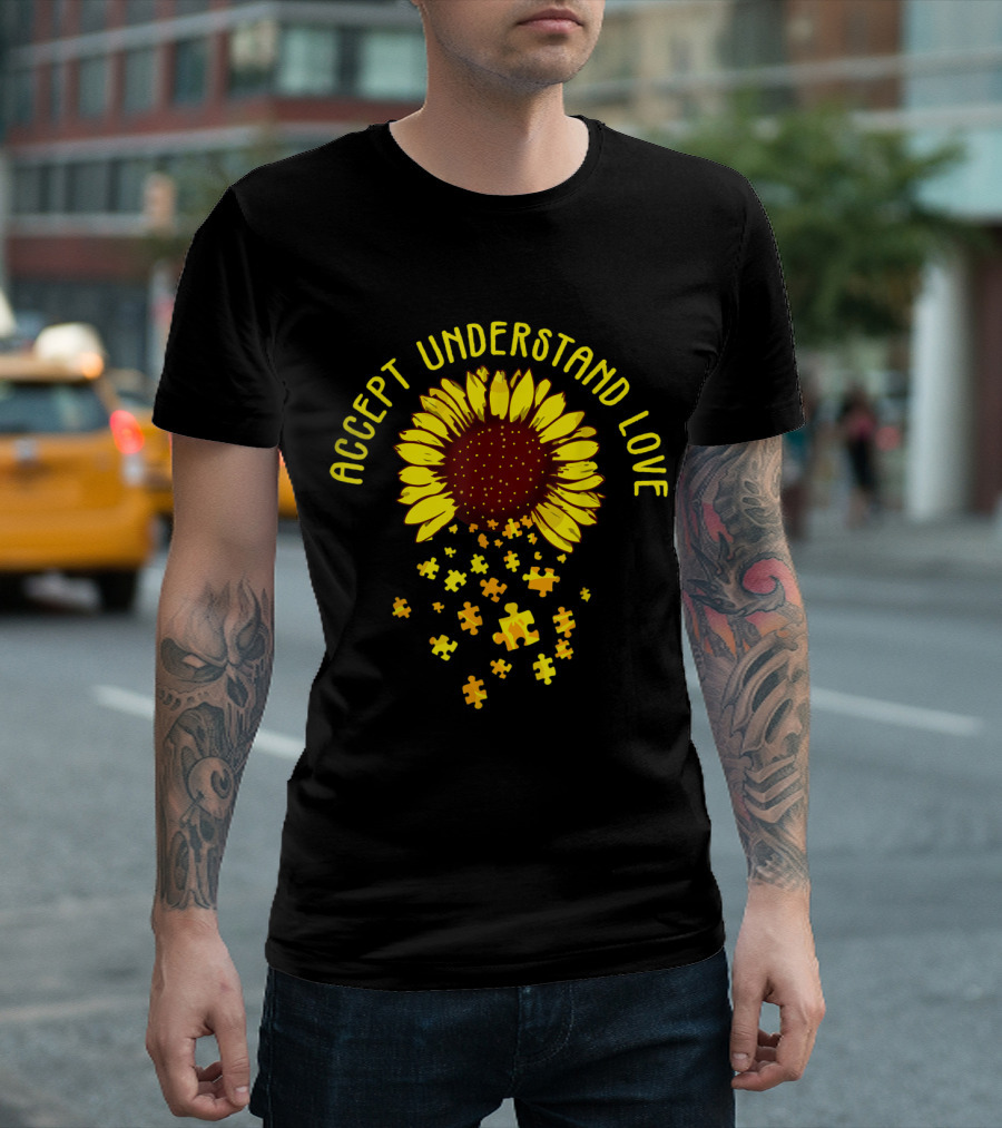 Accept Understand Love Sunflower Puzzle Autism Awareness T-Shirt