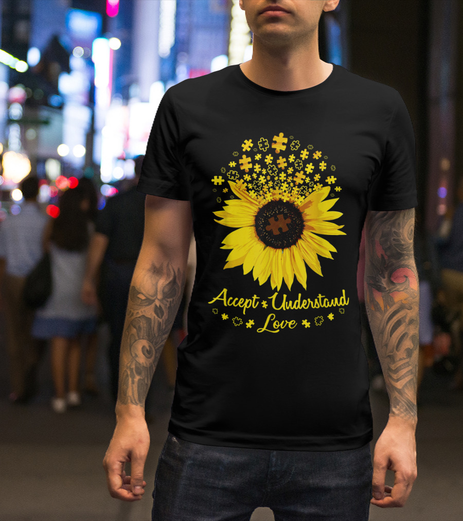 Accept Understand Love Autism Awareness Sunflower Puzzle T-Shirt