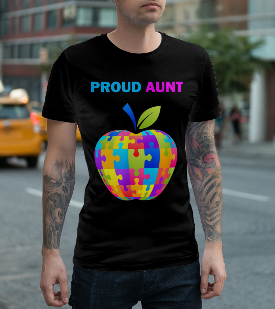 Proud Aunt Autism Awareness Puzzle Apple T-Shirt
