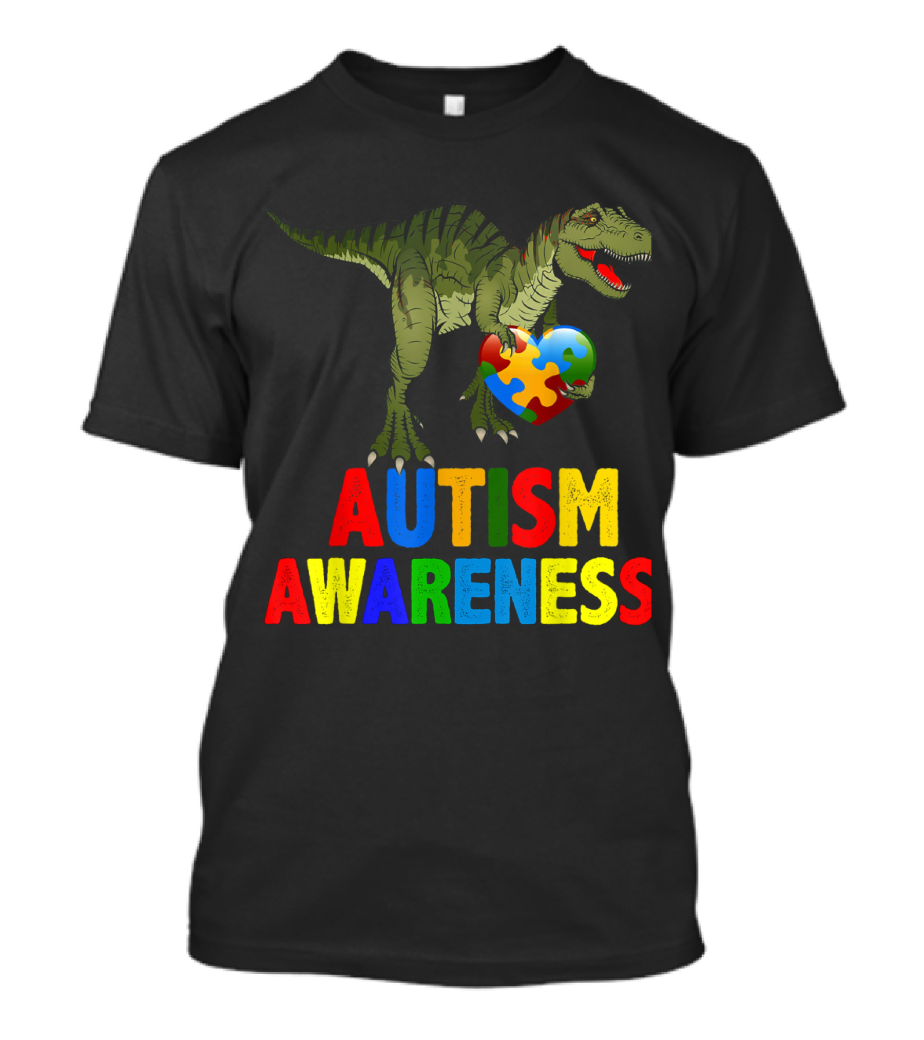 Autism Awareness Colorful Dinosaur With Puzzle Piece Heart T-Shirt