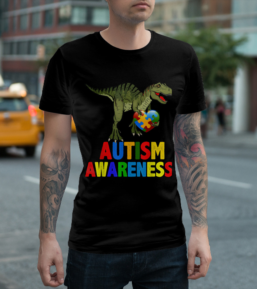 Autism Awareness Colorful Dinosaur With Puzzle Piece Heart T-Shirt