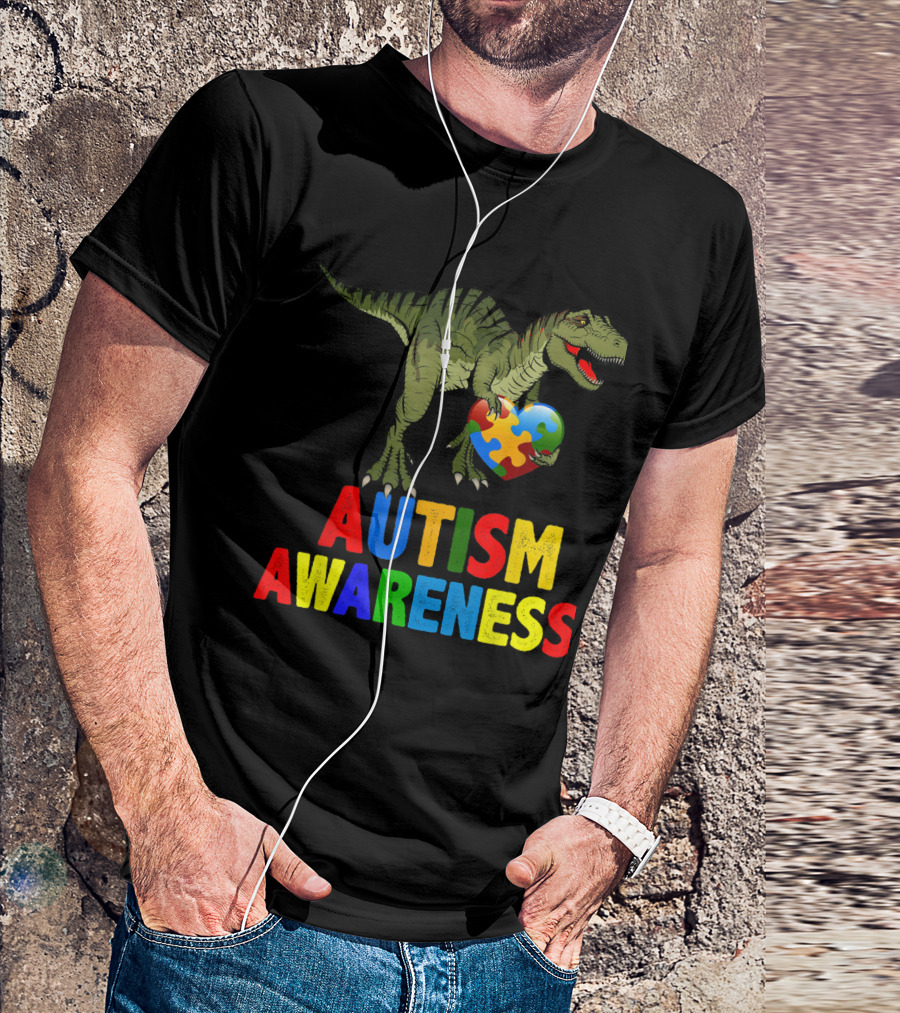 Autism Awareness Colorful Dinosaur With Puzzle Piece Heart T-Shirt