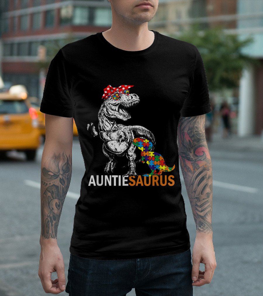 Auntie Saurus Dinosaur Autism Awareness Puzzle Pieces T-Shirt