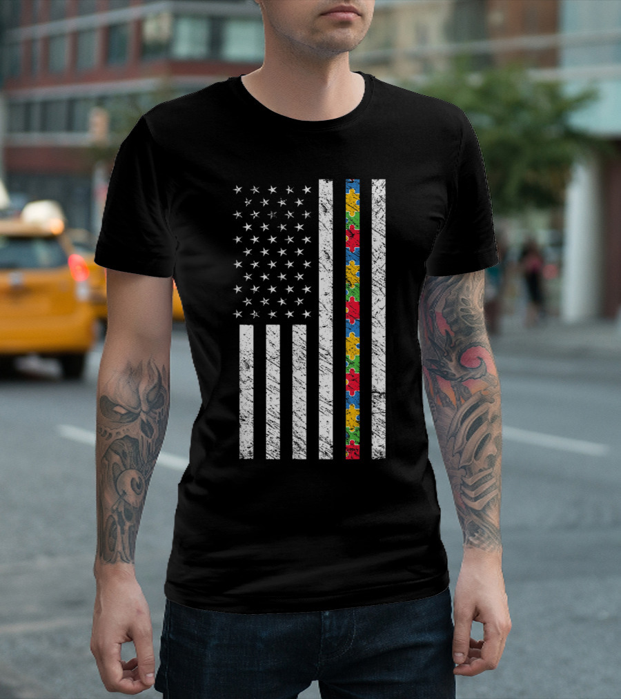 USA Flag with Autism Awareness Puzzle Pattern Stripe T-Shirt