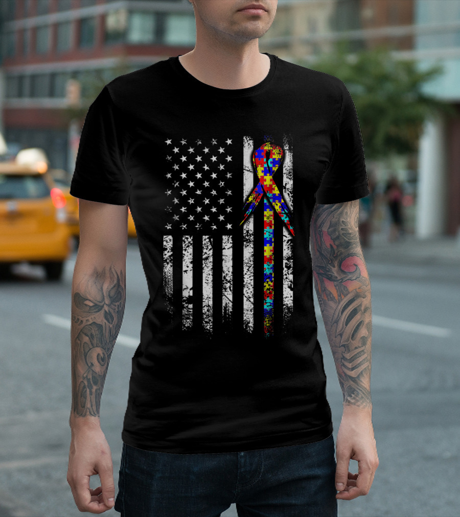 Autism Awareness Puzzle Ribbon American Flag T-Shirt