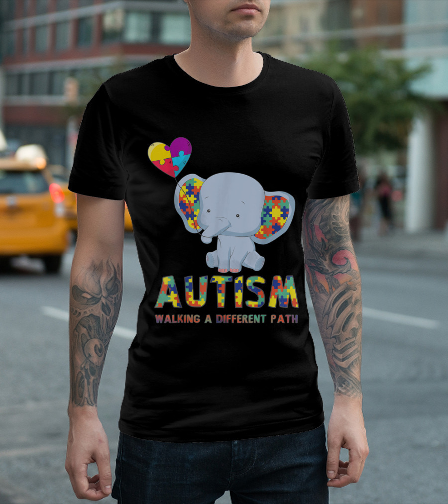 Autism Elephant Holding Puzzle Heart Walking A Different Path T-Shirt