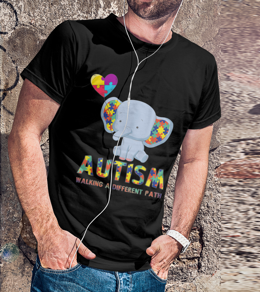 Autism Elephant Holding Puzzle Heart Walking A Different Path T-Shirt