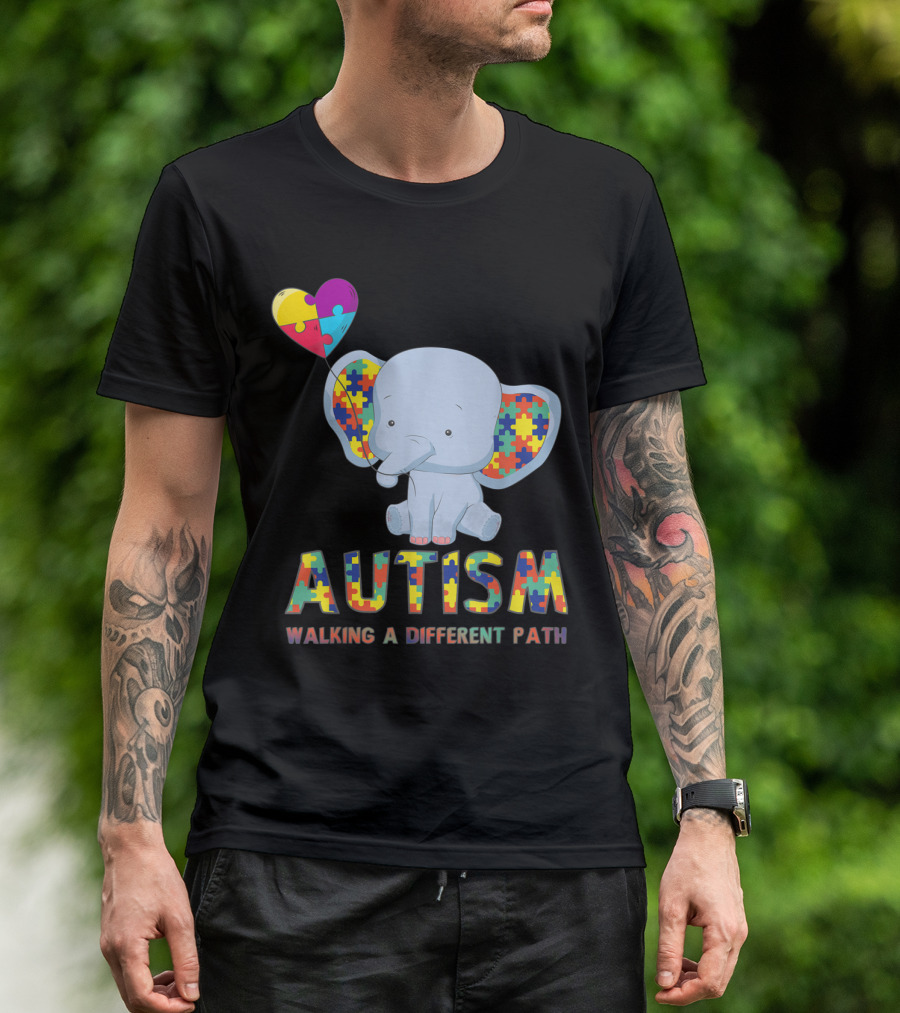 Autism Elephant Holding Puzzle Heart Walking A Different Path T-Shirt