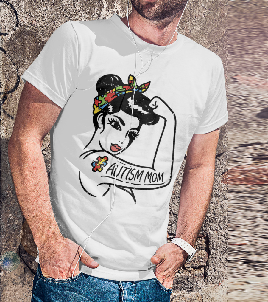 Autism Mom Unbreakable Awareness Puzzle Ribbon Tattoo Rosie The Riveter T-Shirt