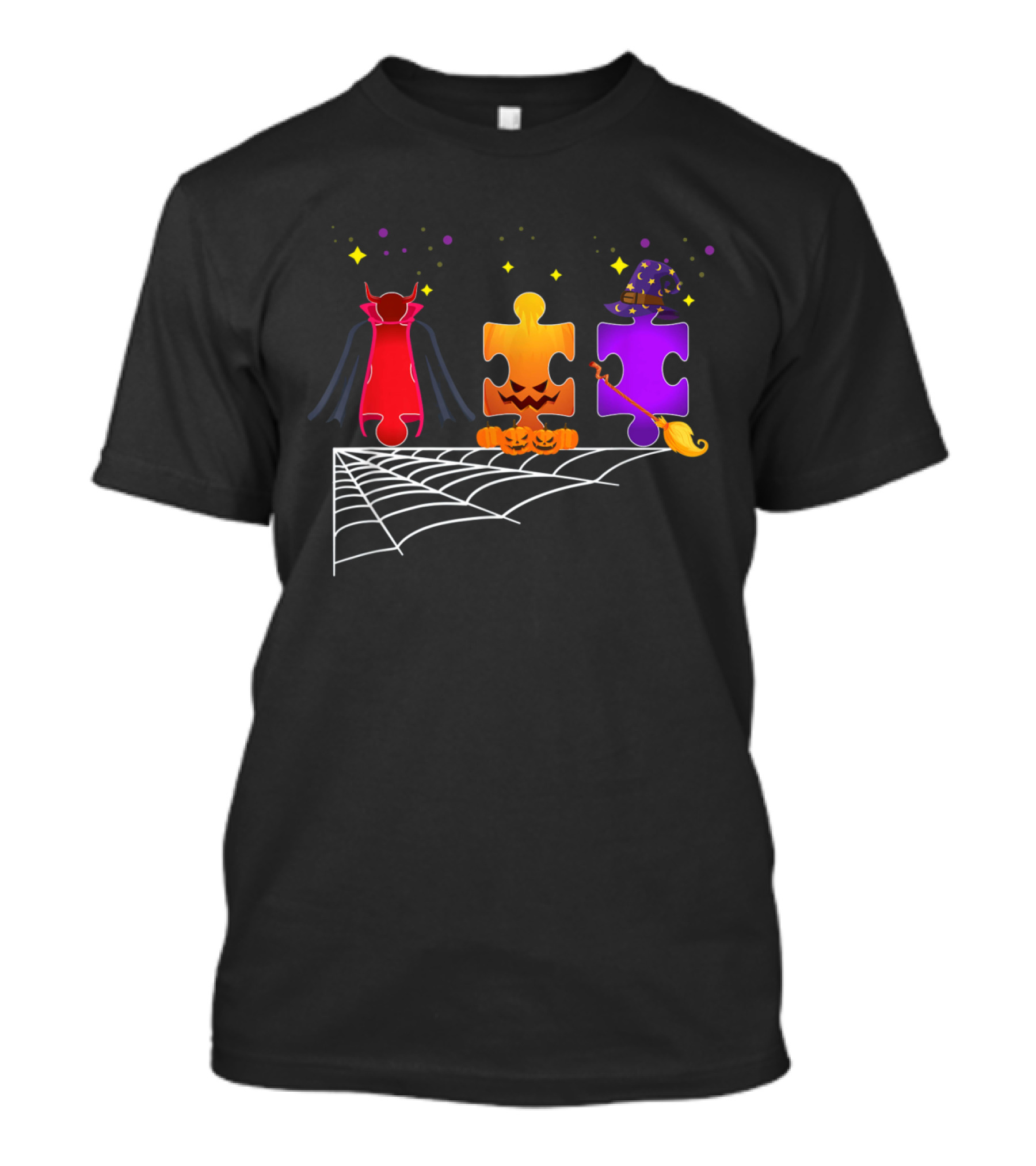Autism Awareness Halloween Puzzle Piece Witch And Vampire T-Shirt