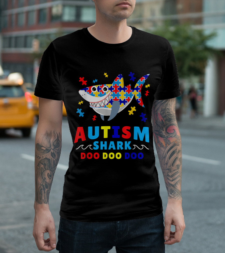Autism Shark Doo Doo Doo Puzzle Pieces Awareness T-Shirt