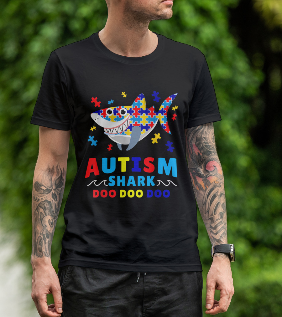 Autism Shark Doo Doo Doo Puzzle Pieces Awareness T-Shirt
