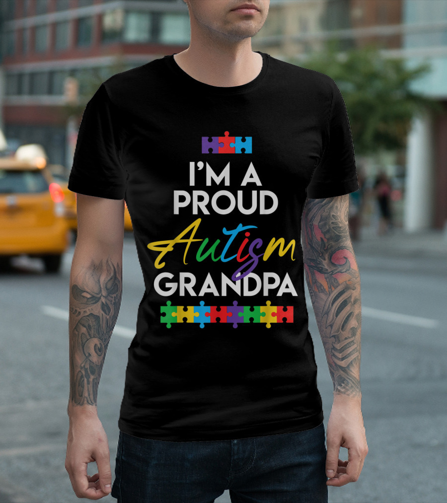 I'm A Proud Autism Grandpa Puzzle Pieces T-Shirt