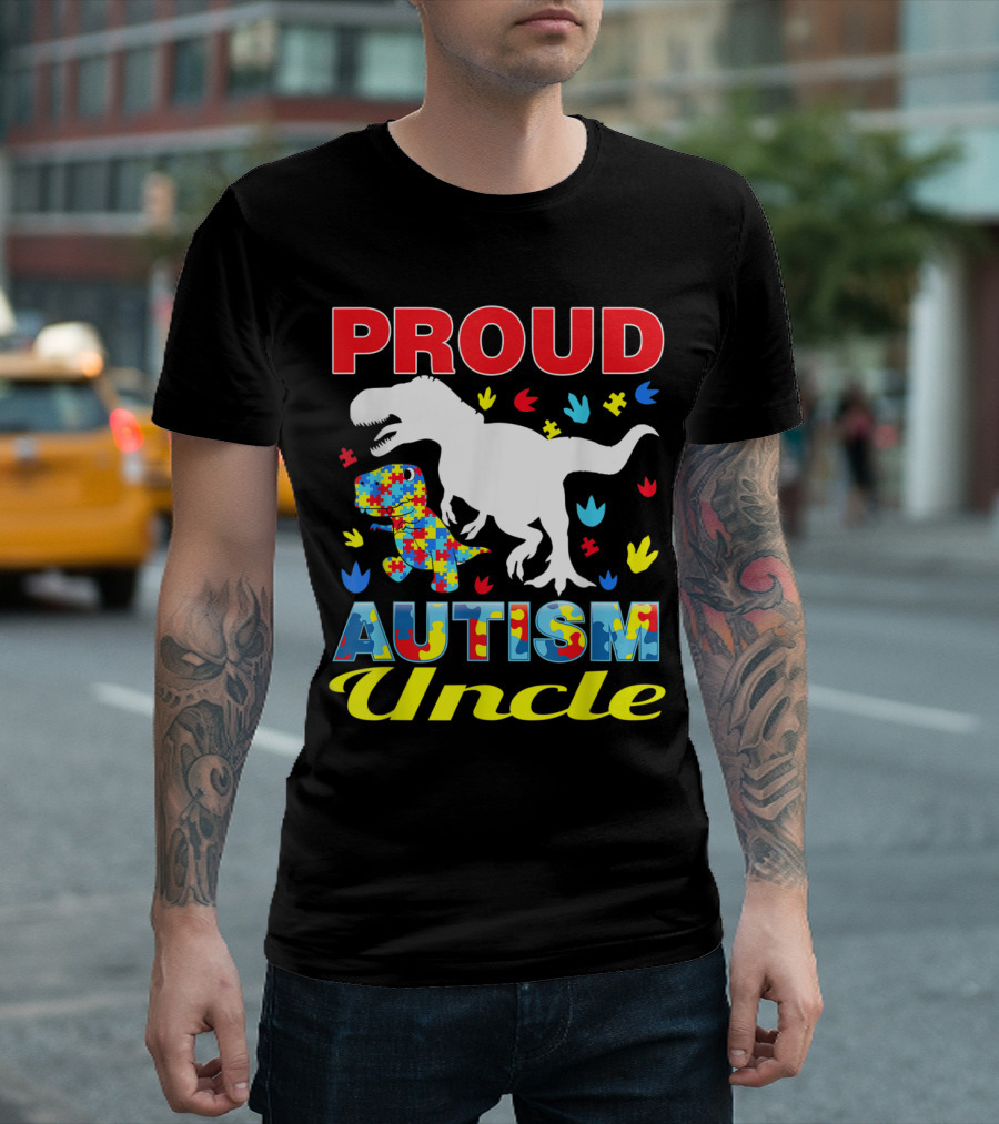 Proud Autism Uncle Dinosaur Rex Puzzle Pieces Awareness T-Shirt