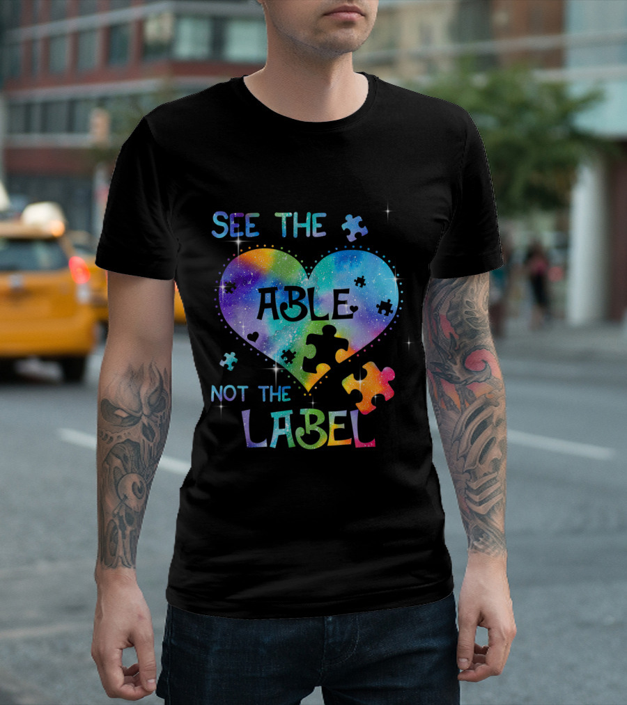 See the Able Not the Label Autism Awareness Heart Puzzle Galaxy T-Shirt