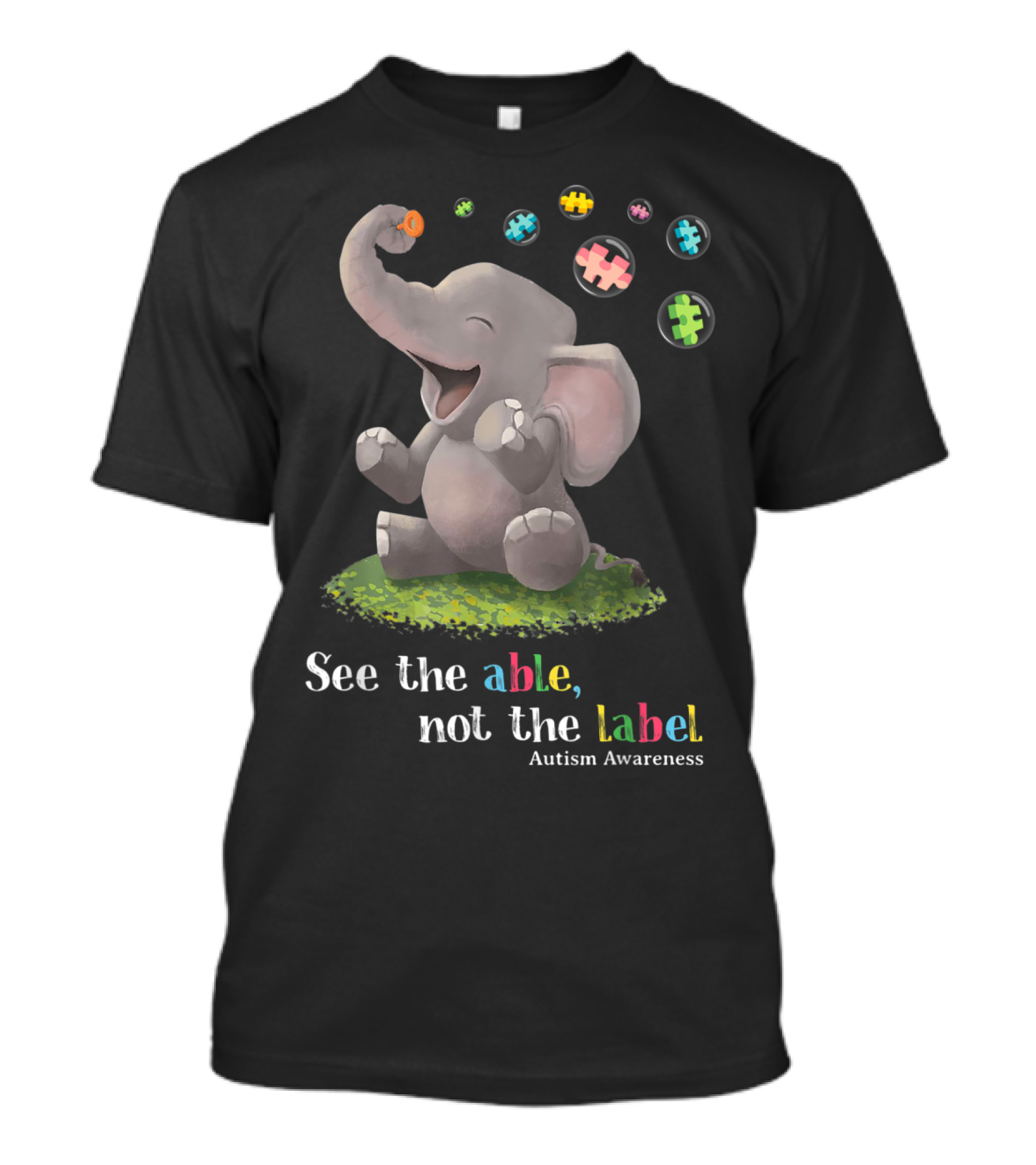 See The Able Not The Label Cute Elephant Autism Awareness Puzzle Bubbles T-Shirt