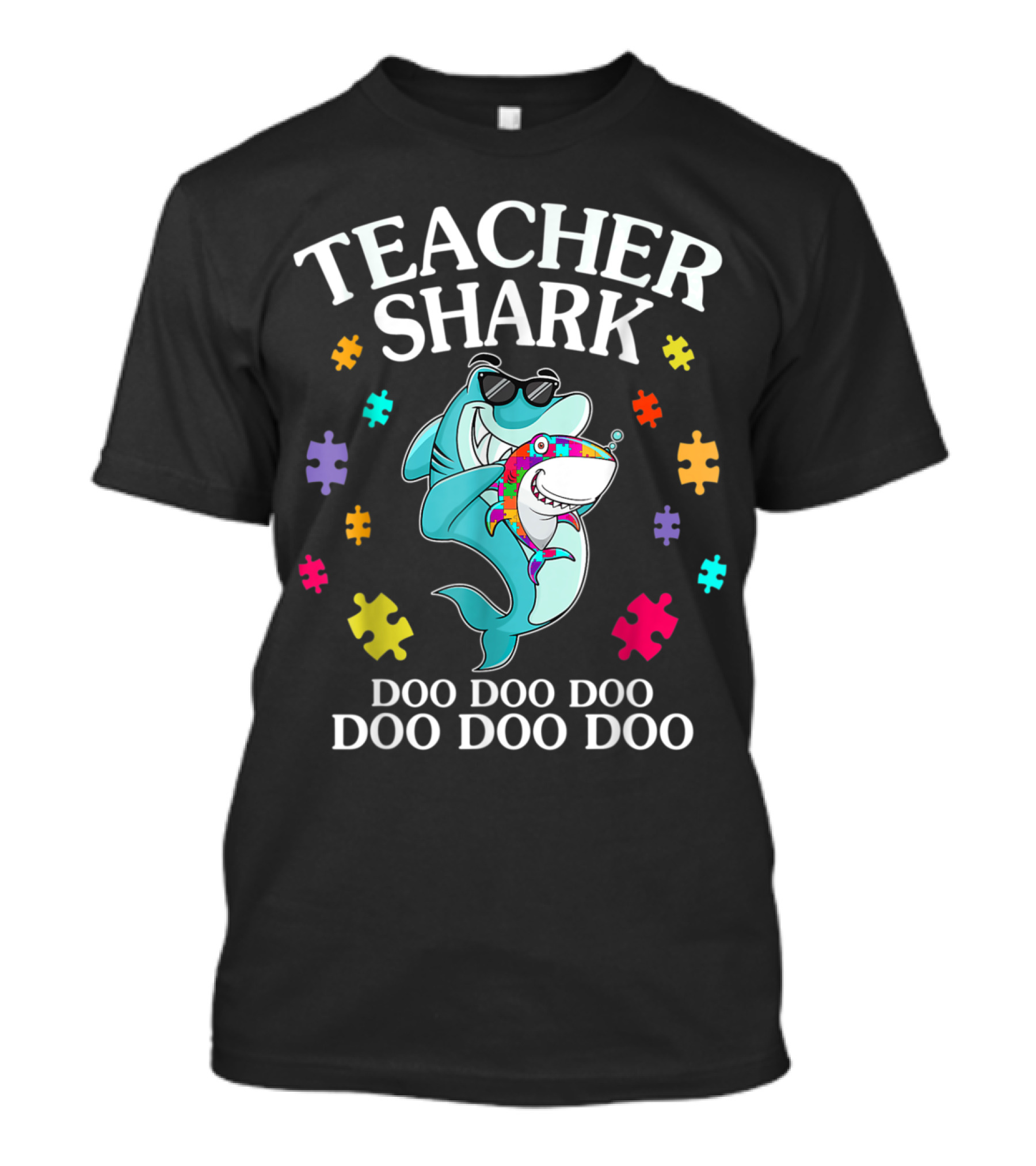 Teacher Shark Doo Doo Doo Funny Autism Awareness Puzzle Pieces T-Shirt