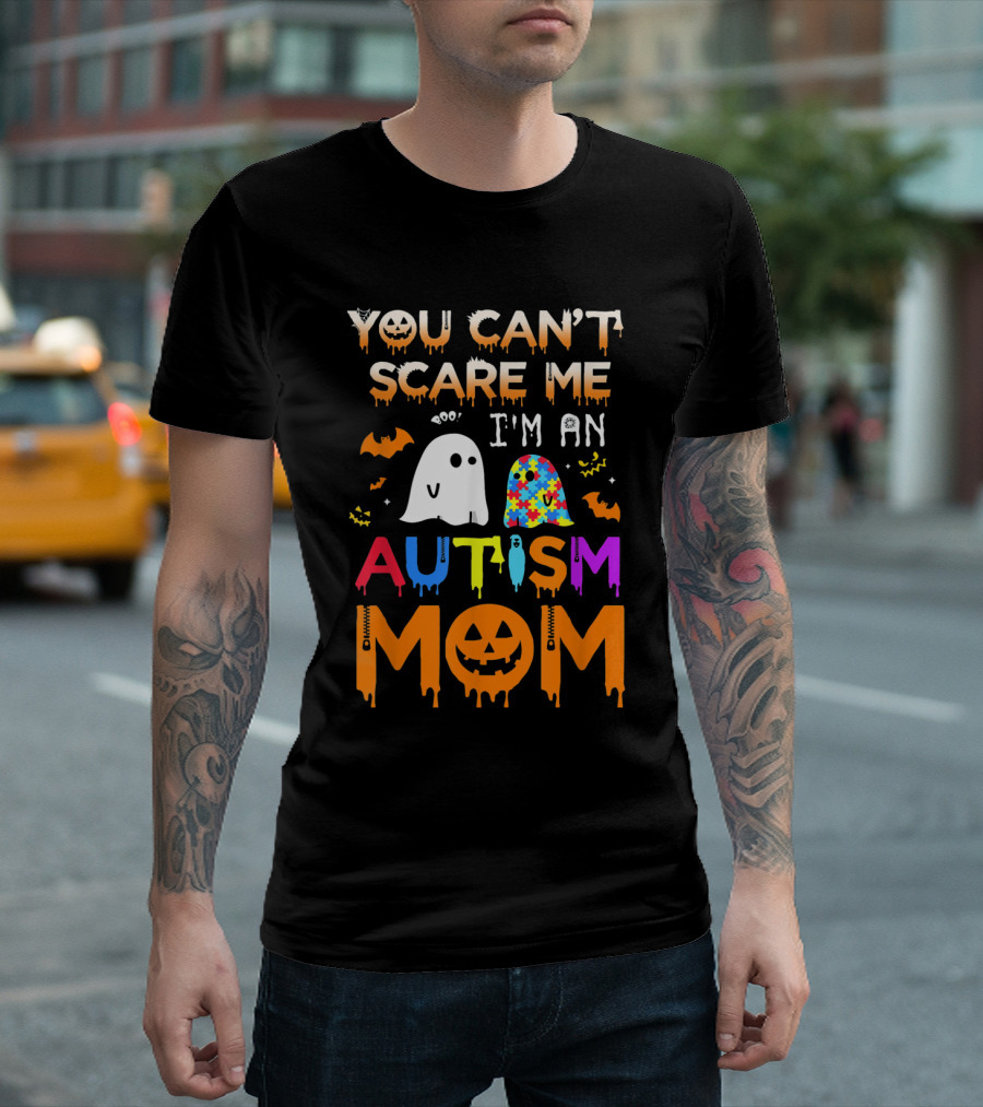 You Can't Scare Me I'm An Autism Mom Ghost Bats Halloween Awareness T-Shirt