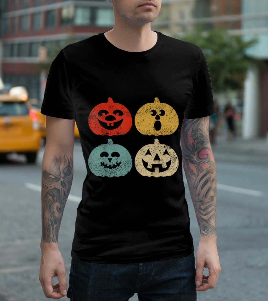 Vintage Halloween Pumpkin Faces Retro Colorful Quartet T-Shirt