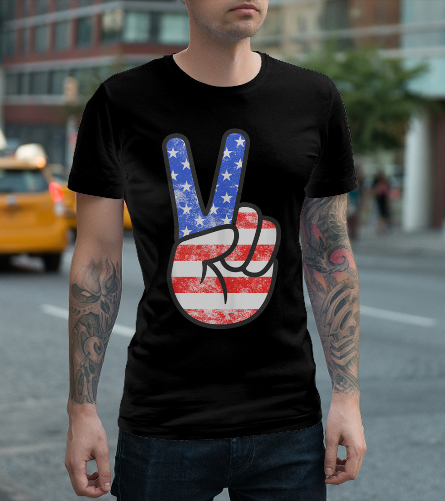 American Flag Peace Sign Hand Patriotic Fourth of July T-Shirt