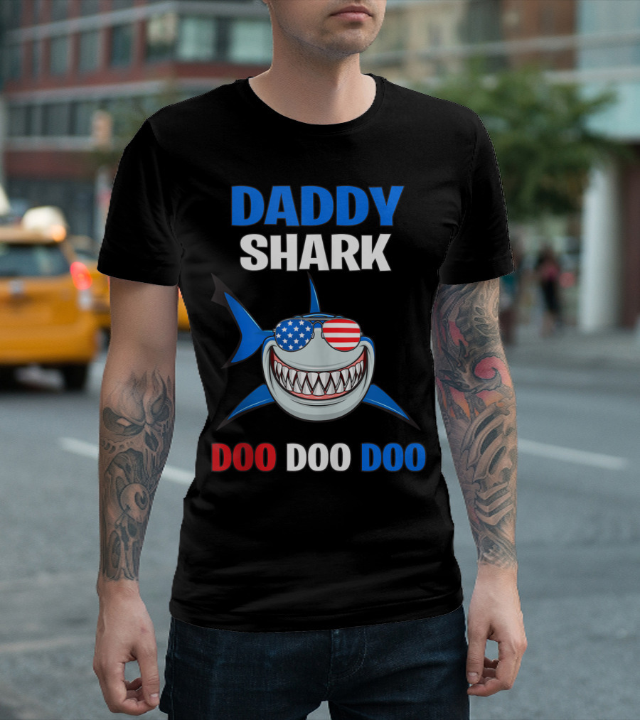 Daddy Shark Doo Doo Doo American Flag Sunglasses 4th of July T-Shirt