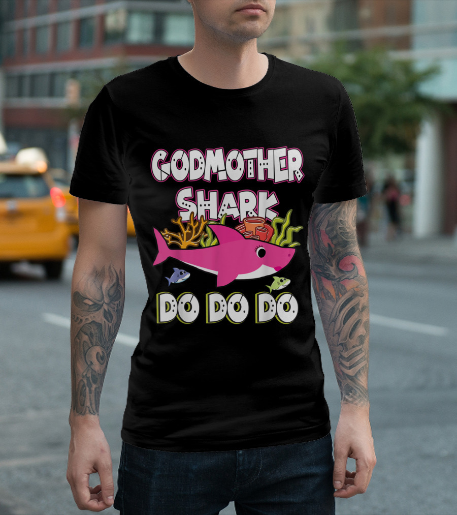 Godmother Shark Doo Doo Doo Pink Shark with Sea Creatures T-Shirt