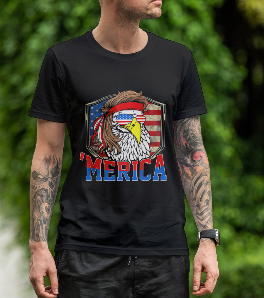 'MERICA 4th Of July Bald Eagle Mullet American Flag Sunglasses T-Shirt