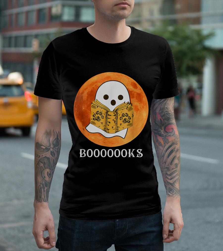 Boooooooks Ghost Reads Books Halloween Costume Boy Moon Background T-Shirt