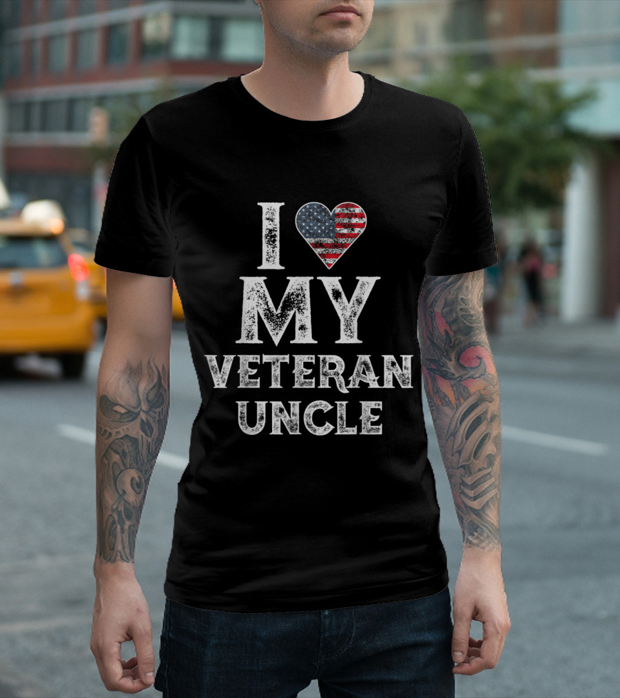 I Love My Veteran Uncle American Flag Heart Vintage Veteran's Day T-Shirt