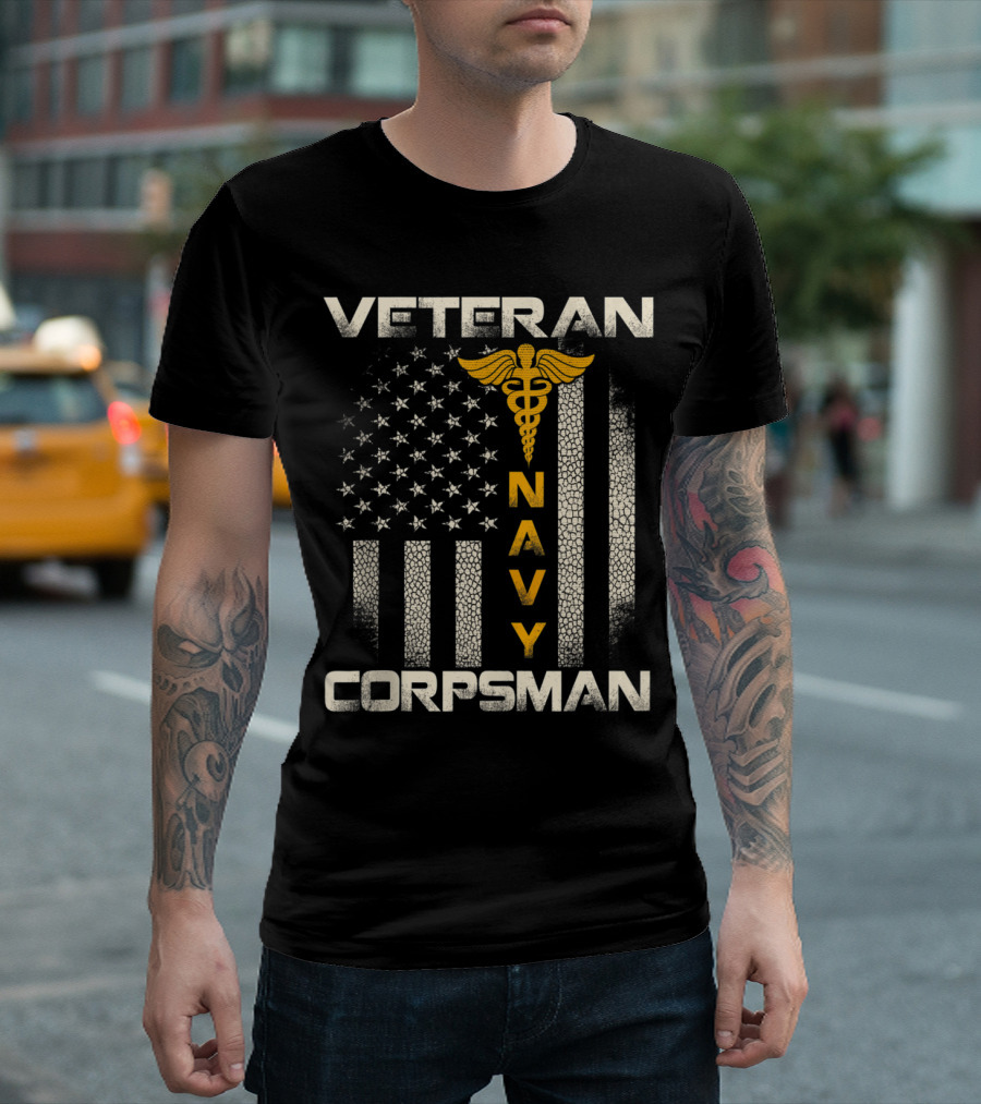 Veteran Navy Corpsman American Flag Caduceus Emblem T-Shirt