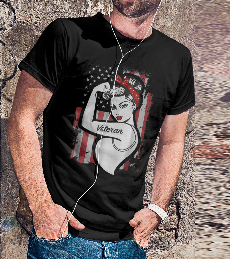 Strong Woman Veteran Rosie The Riveter American Flag Mom Veteran T-Shirt