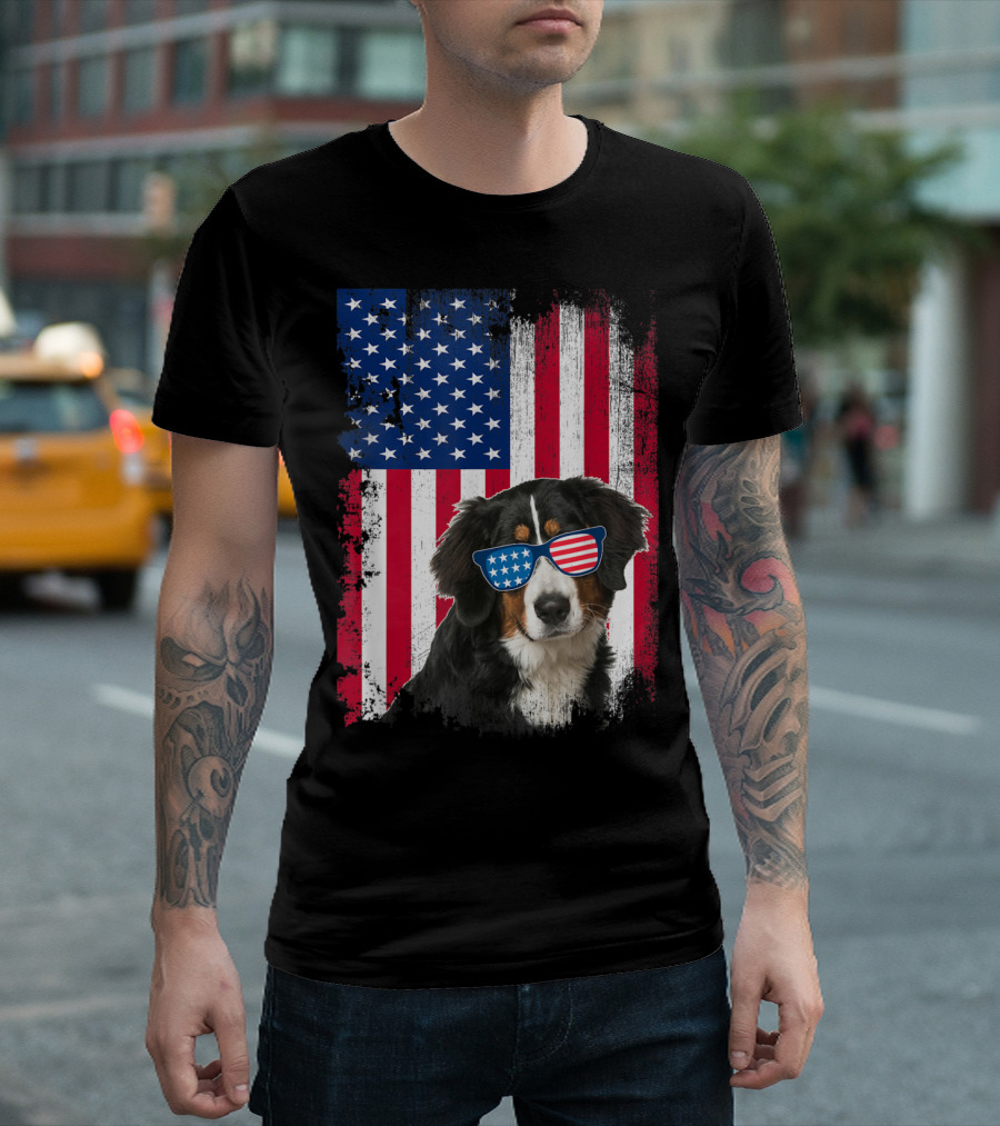Bernese Mountain Dog USA Flag Sunglasses T-Shirt
