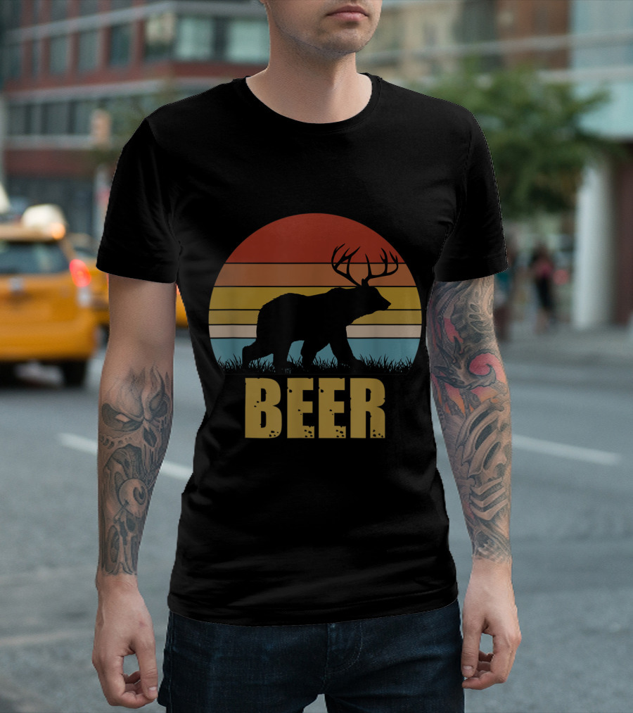 Beer Retro Sunset Silhouette Deer Bear Combination T-Shirt