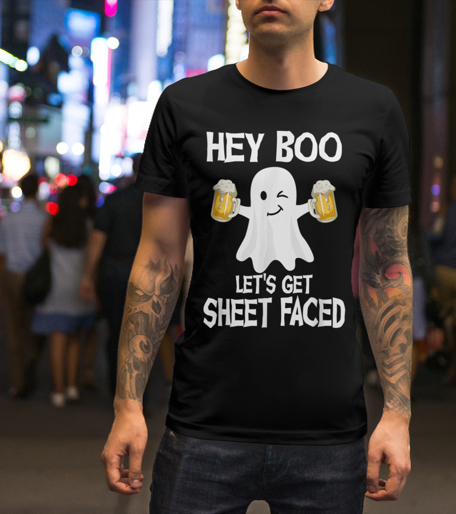 Hey Boo Let's Get Sheet Faced Funny Halloween Drinking Ghost With Beer Mugs T-Shirt