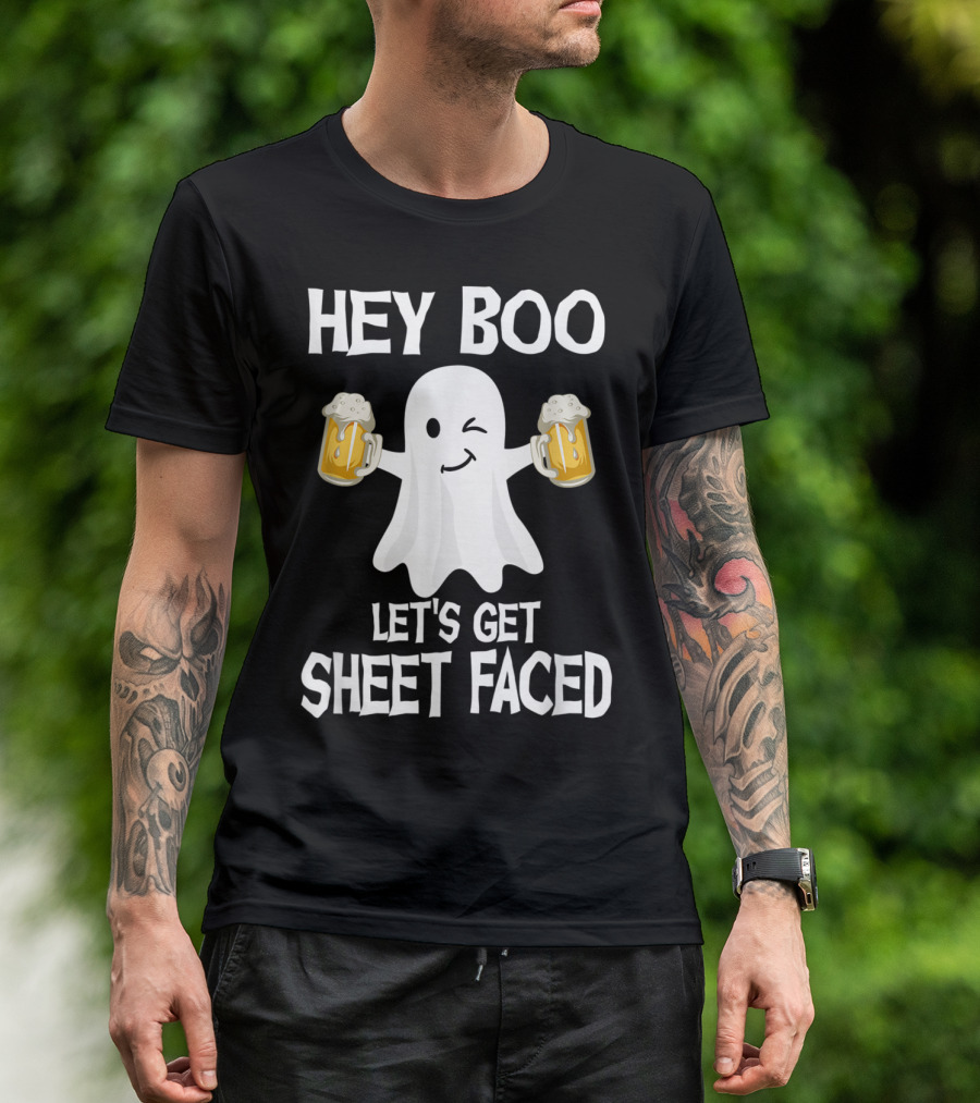 Hey Boo Let's Get Sheet Faced Funny Halloween Drinking Ghost With Beer Mugs T-Shirt