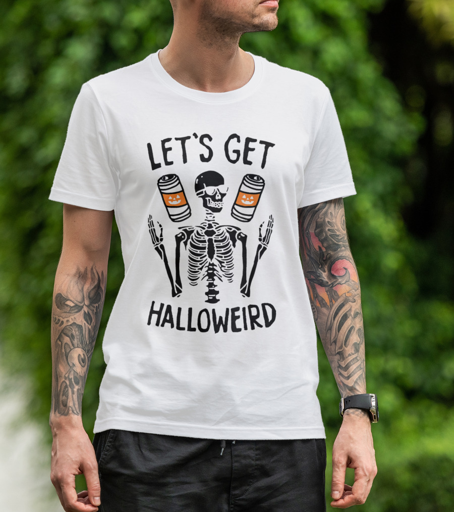 Halloween Let's Get Halloweird Skeleton With Pumpkin Beer Cans T-Shirt