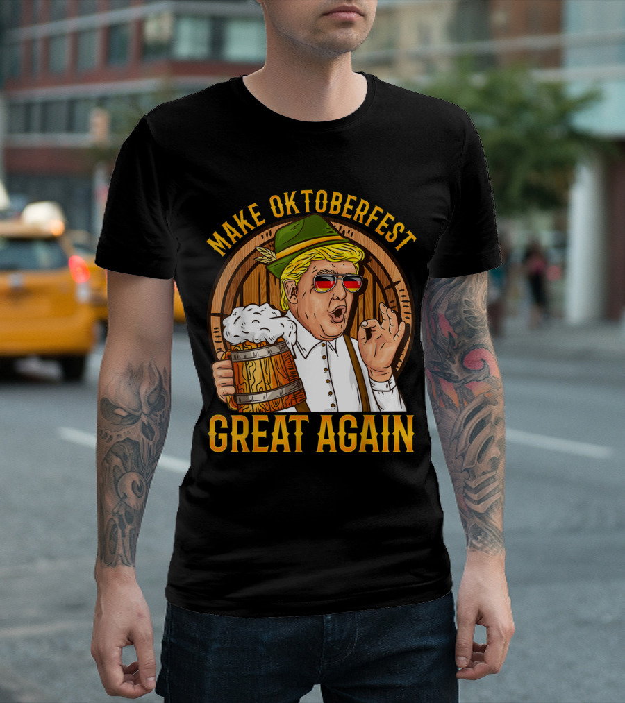 Make Oktoberfest Great Again Trump Fans Festive Beer Barrel Character with Lederhosen and Sunglasses T-Shirt