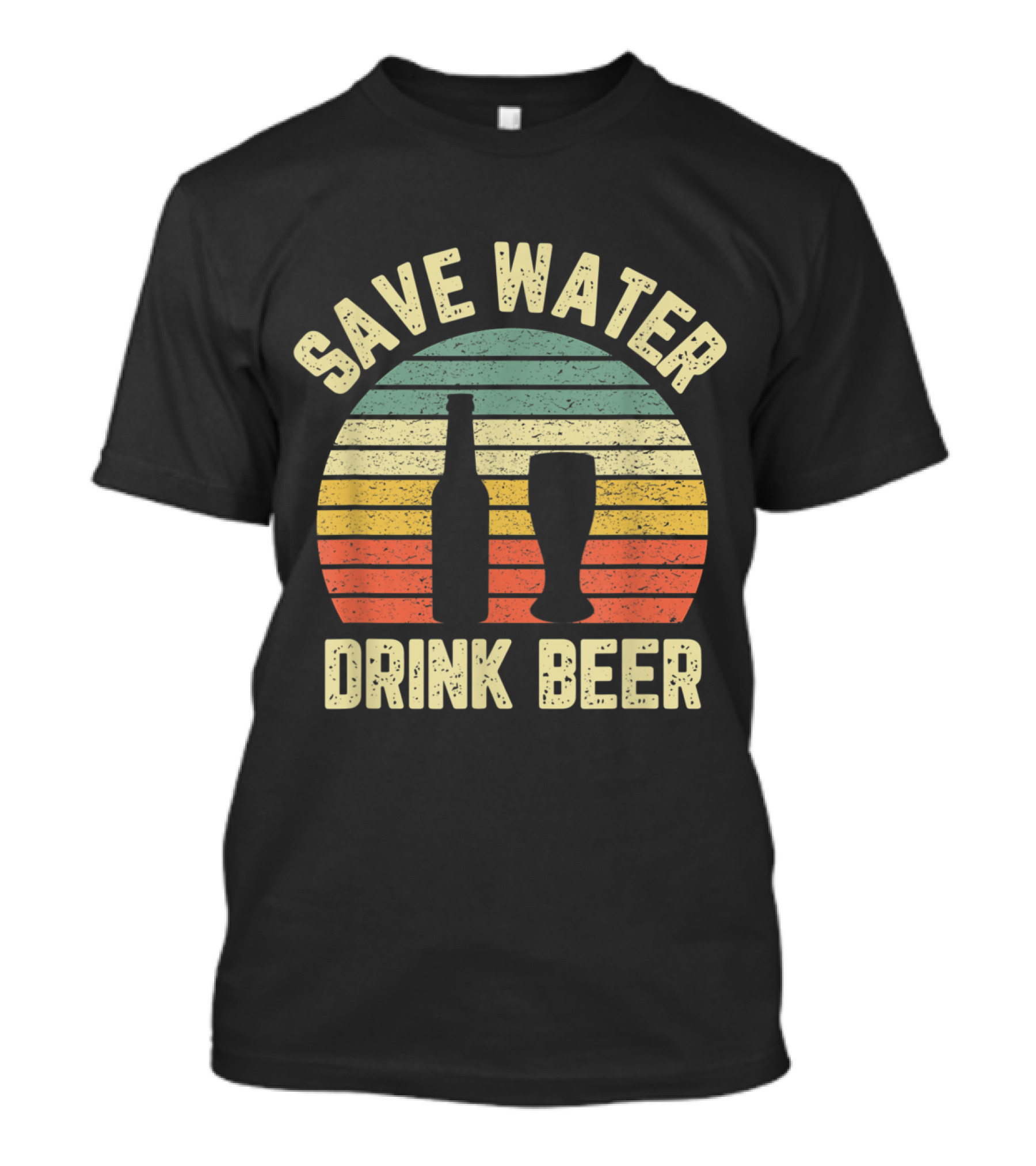 Save Water Drink Beer Bottle And Glass Retro Sunset T-Shirt