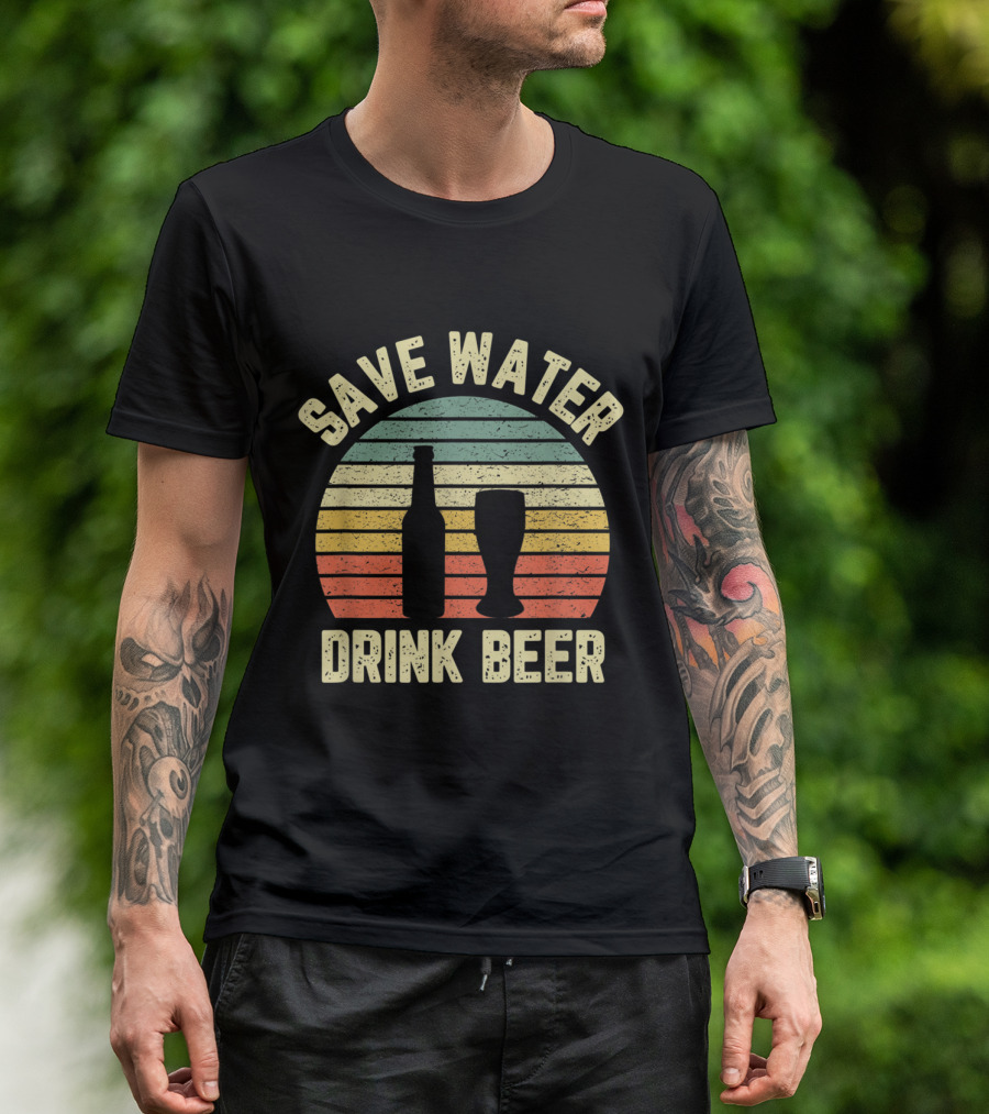 Save Water Drink Beer Bottle And Glass Retro Sunset T-Shirt