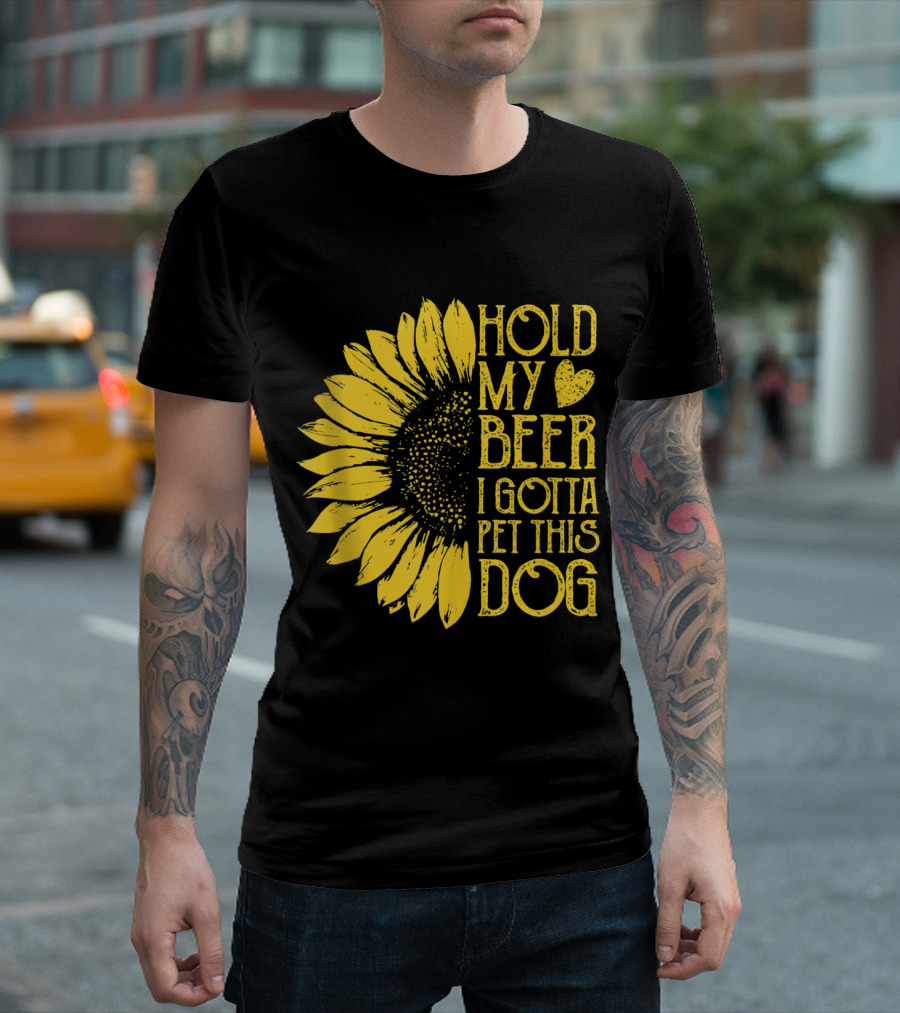 Sunflower Hold My Beer I Gotta Pet This Dog Vintage T-Shirt