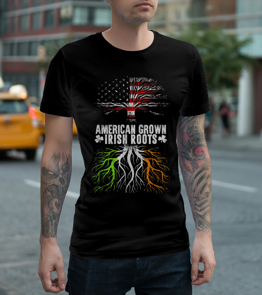 American Grown Irish Roots Flag Tree With Shamrocks T-Shirt