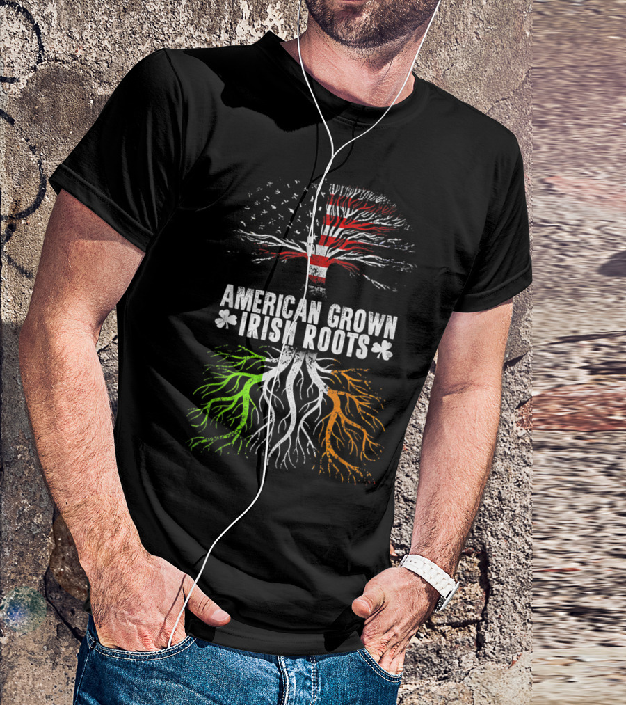 American Grown Irish Roots Flag Tree With Shamrocks T-Shirt